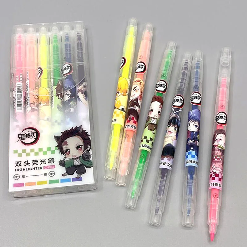 

12 box/lot Demon Slayer Highlighter 6 Colors Double Head Fine Fluorescent Marker Liner Drawing Pens Office School Supplies