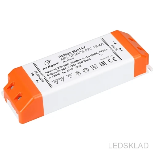 026406 Блок питания ARV-SP24075-PFC-TRIAC (24V 3.1A 75W) (ARL IP20 Пластик 3 года)-1шт. Arlight | Лампы и