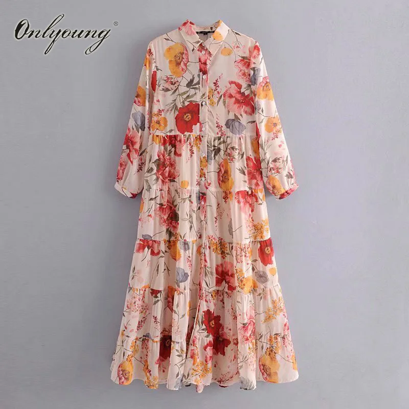 Женское длинное платье с цветочным принтом Onlyoung винтажное свободное рубашка