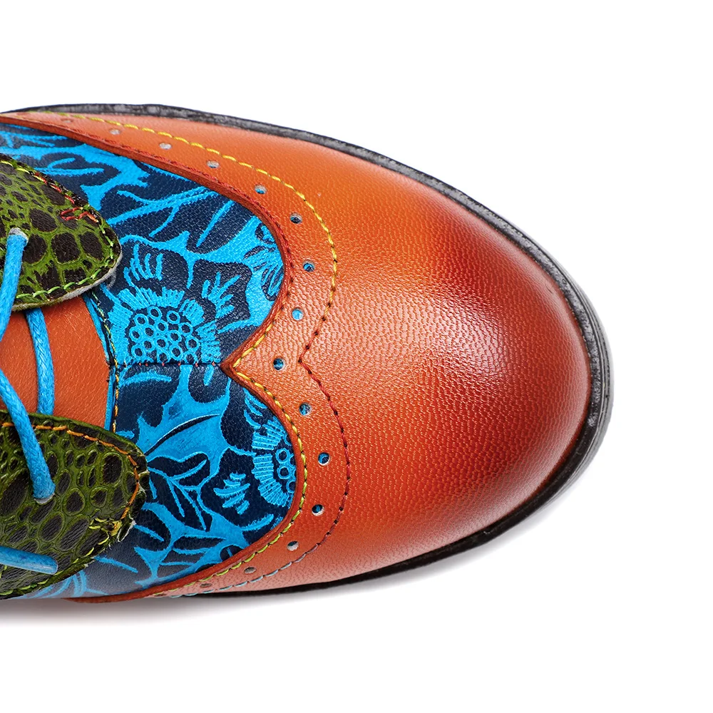 

Handmade printing National style leather high-heeled shoes for women