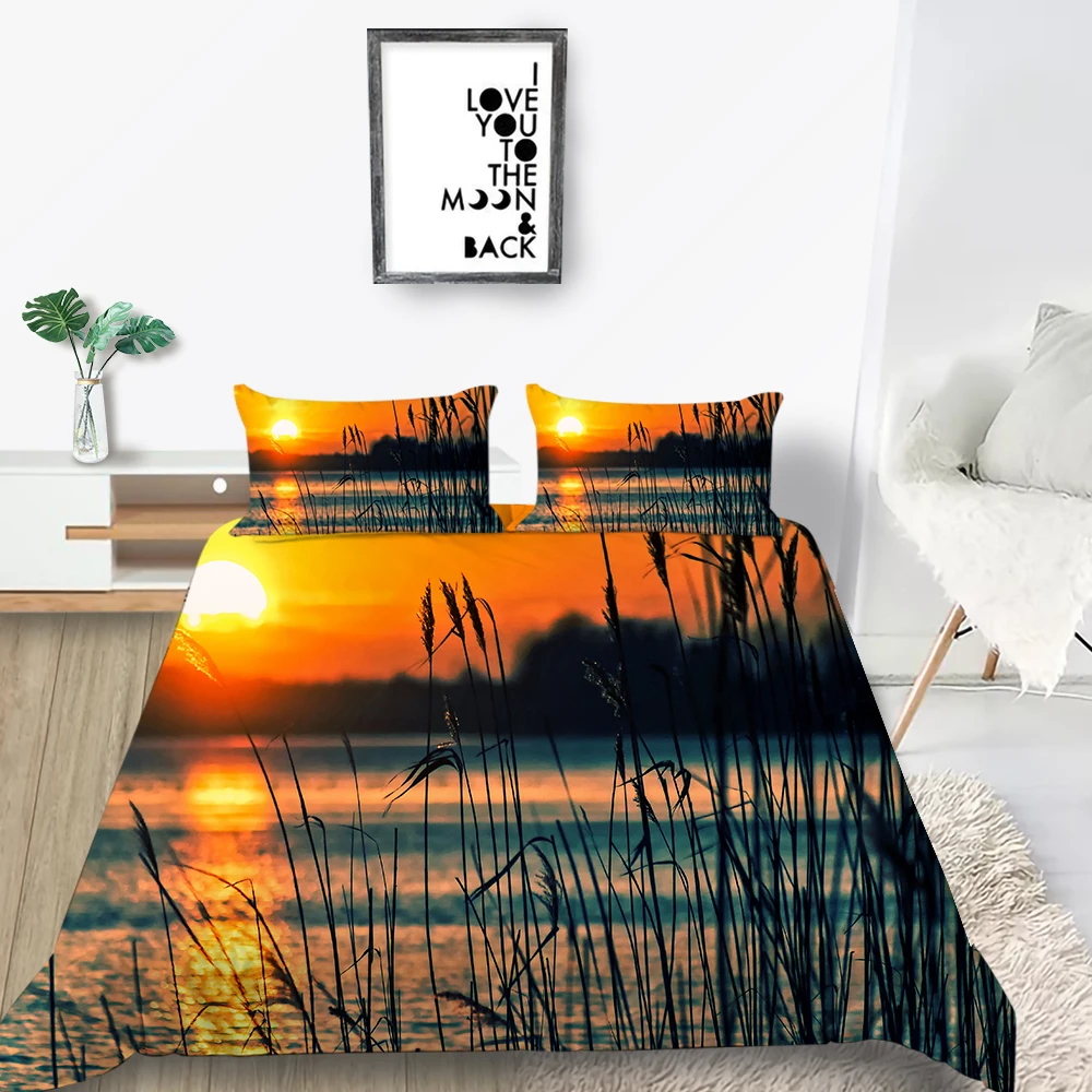 Reed Bush Bedding Set Sunset Romantic Beautiful Duvet Cover Lake 3D King Queen Twin Full Single Double Unique Design Bed | Дом и сад