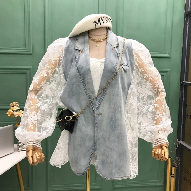 Женская джинсовая куртка с длинным рукавом свободная отложным воротником и