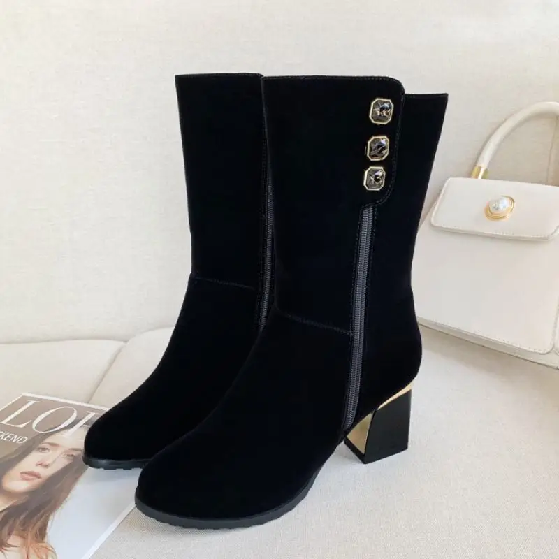 

RIZABINA Size 33-43 Women High Heel Boots Zipper Beads Woman Winter Shoes Warm Fashion Short Boots Woman Daily Footwear