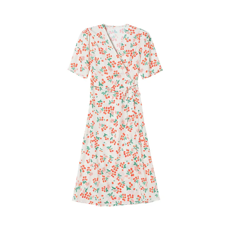 

Gezelligheid Dresses For Women 2021 Summer New Runway Fashion Elegant Printed Puff Sleeve Temperament Cherry Viscose Midi Dress