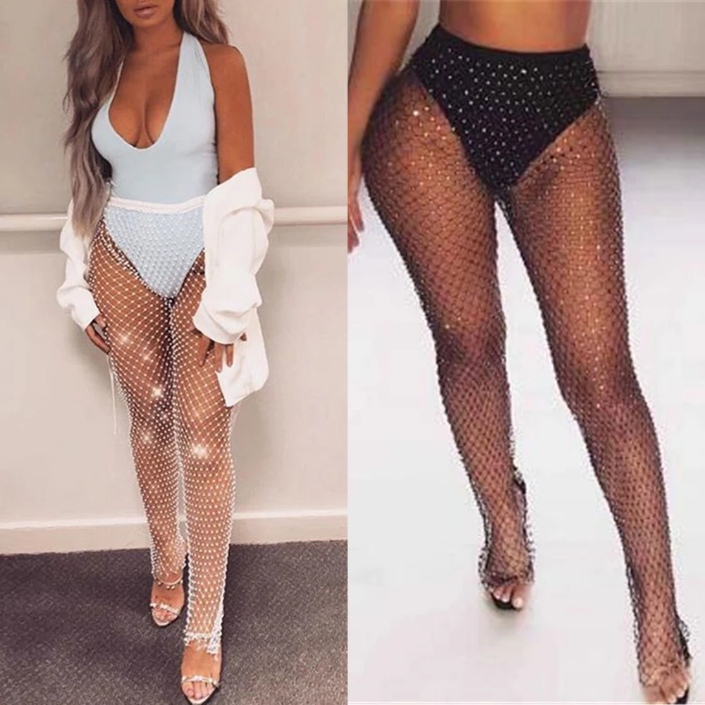 Женские сетчатые длинные брюки на цепочке блестящая Соблазнительная туника с