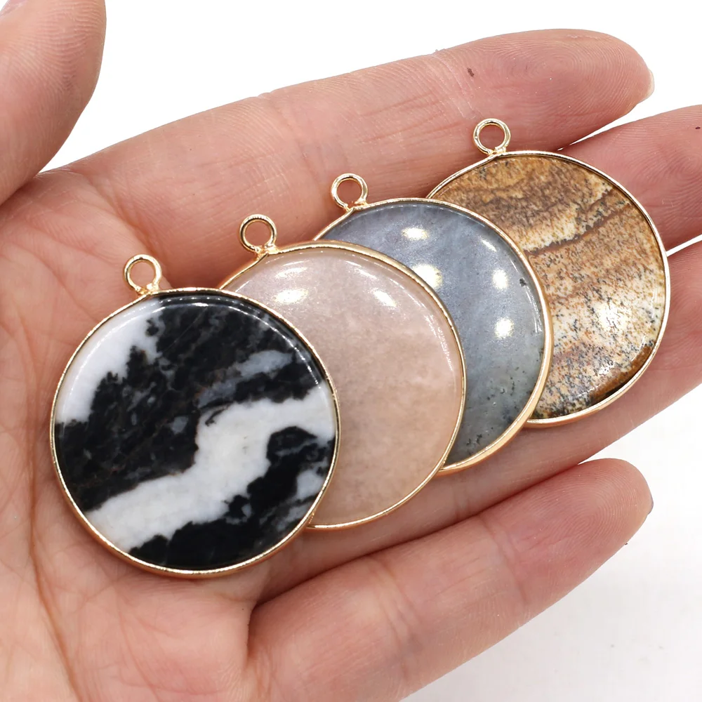 

1pcs Natural Stone Round Flash Labradorite Pink Aventurine Pendants for Necklace Earring Accessory Jewelry Making Size 30x35mm
