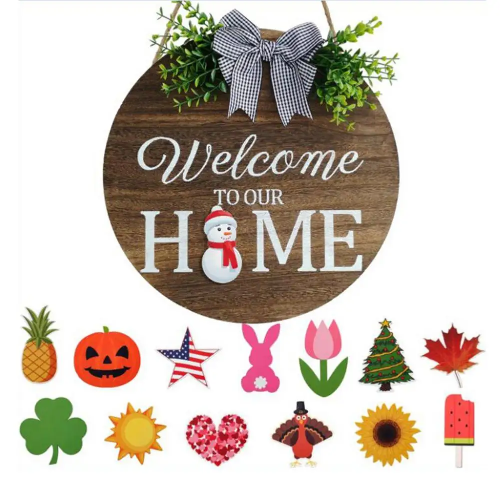 

Welcome Door Decor Interchangeable Welcome Home With Buffalo Plaid Double-Sided Wooden Wreath Hanger For Farmhouse Rustic Holid