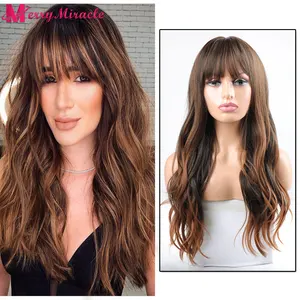 Long Wavy Synthetic Highlight Wigs for Women Middle Part Heat Resistant Synthetic Cosplay Wigs with Bangs Ombre Synthetic Hair