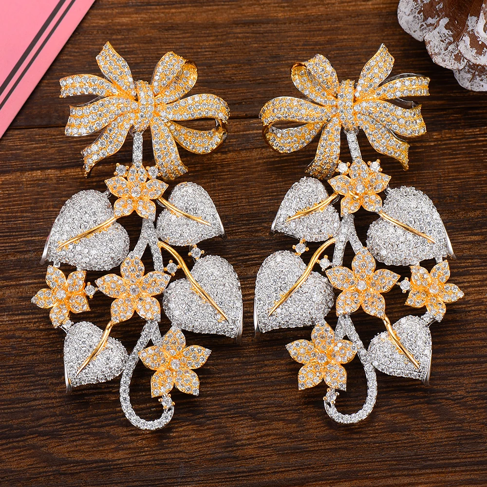 

LARRAURI Trendy Long Full Mirco Paved Crystal Zircon Leaf Flowers Dangle Earrings Naija Wedding Copper Earring Fashion Jewelry