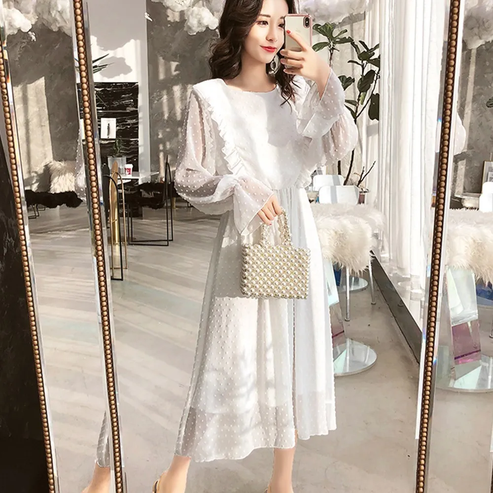 Женское шифоновое платье в горошек с оборками длинные брюки клеш эластичным