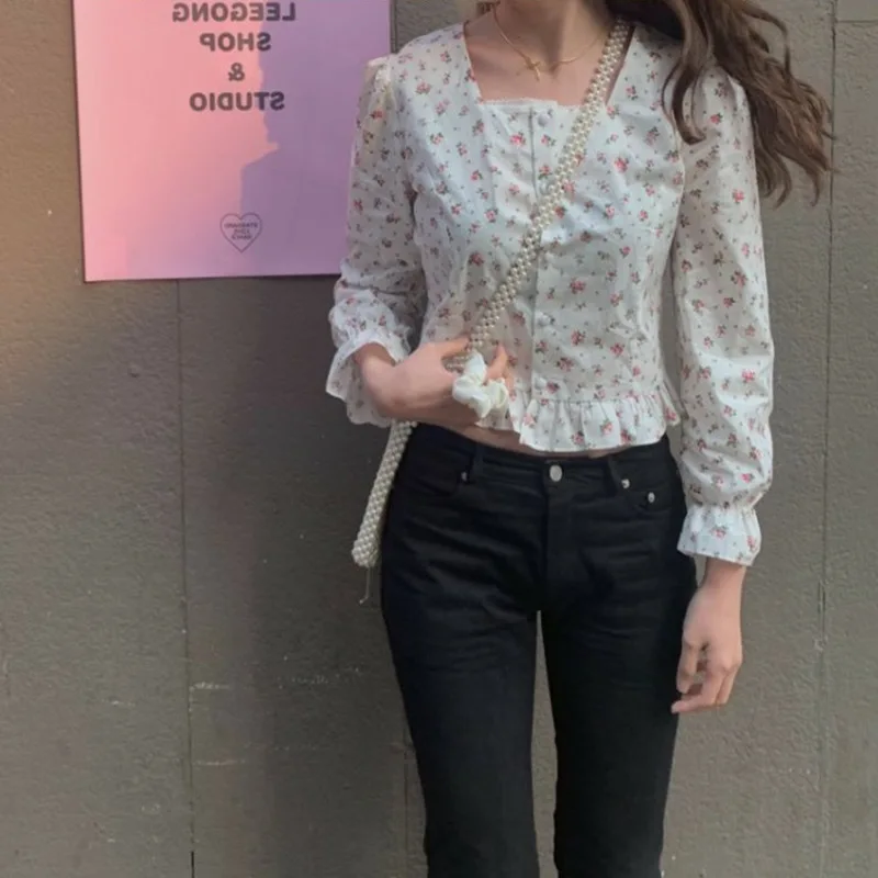 Женская винтажная блузка с цветочным принтом белая синяя квадратным воротником