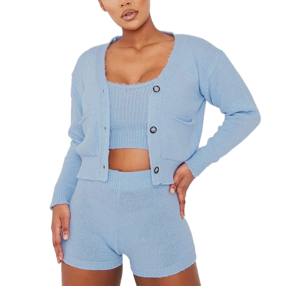 Женский комплект из 3 предметов короткий топ и шорты кардиган на пуговицах