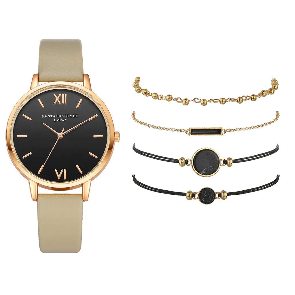 4pcs Bracelet and 1pc Watch Set Reloj Mujer Analog Quartz Zegarek Damski Leather Band Strap Montre Relogio Feminino Wristwatch | Наручные