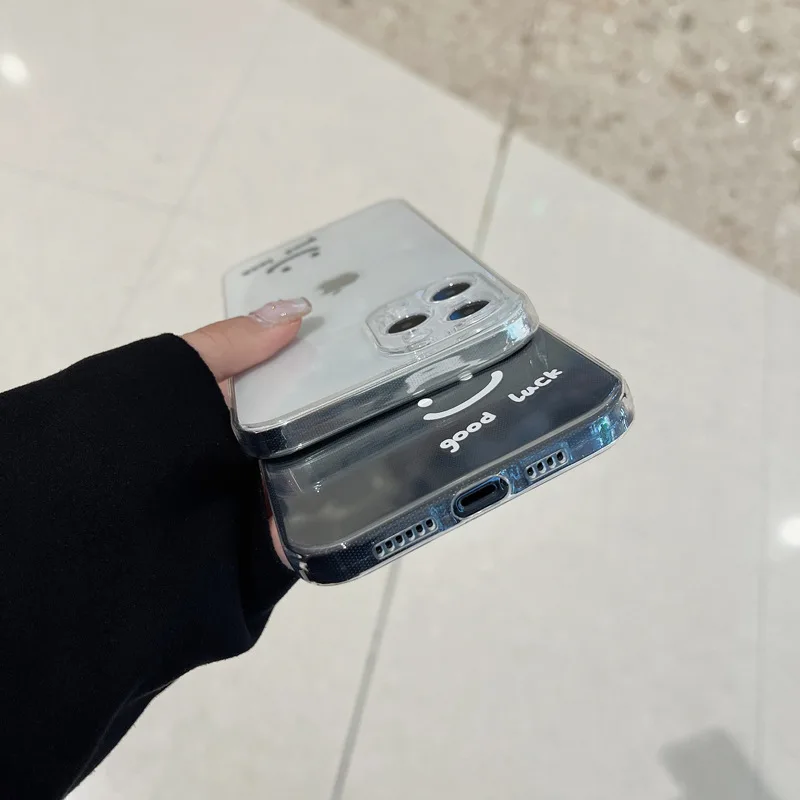 

Clear Couple phone case silicone smiley cover cute capa for iphone 8 7 plus 12 pro max mini x xr xs max 11 good luck shell