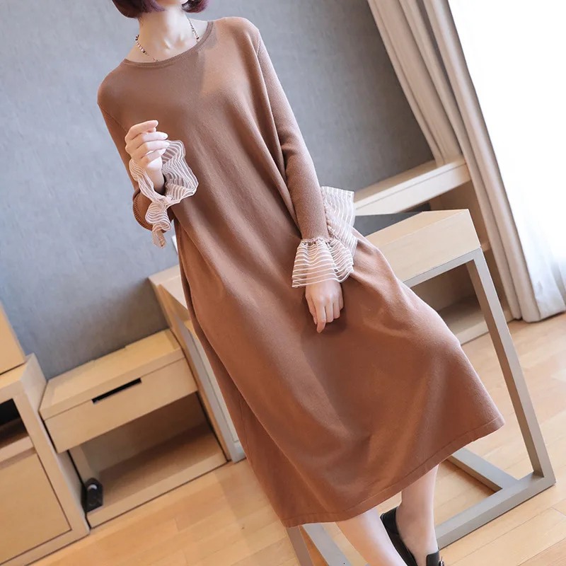LANMREM 2020 большой размер длинный рукав вязаное платье весна Новая женская