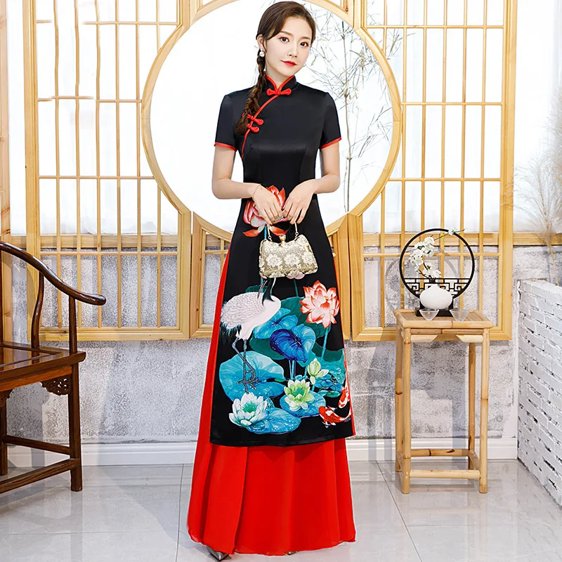 

Женское длинное платье Ципао с китайским принтом, Элегантное летнее приталенное праздничное платье на пуговицах, S-5XL, размера плюс