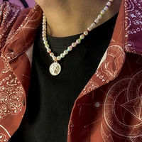 2021 new geometric round coin portrait pendant necklace for men women simulated pearls colorful beads chain choker neck jewelry