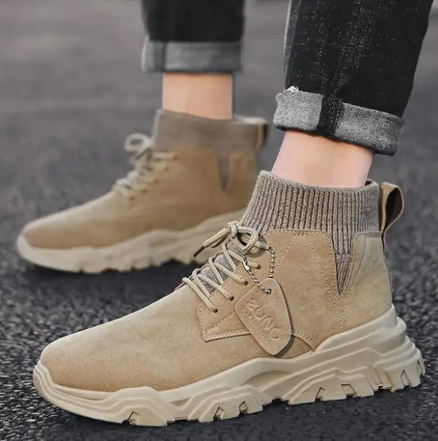 Зимние высокие мужские ботинки парусиновая замшевая мужская обувь модные для