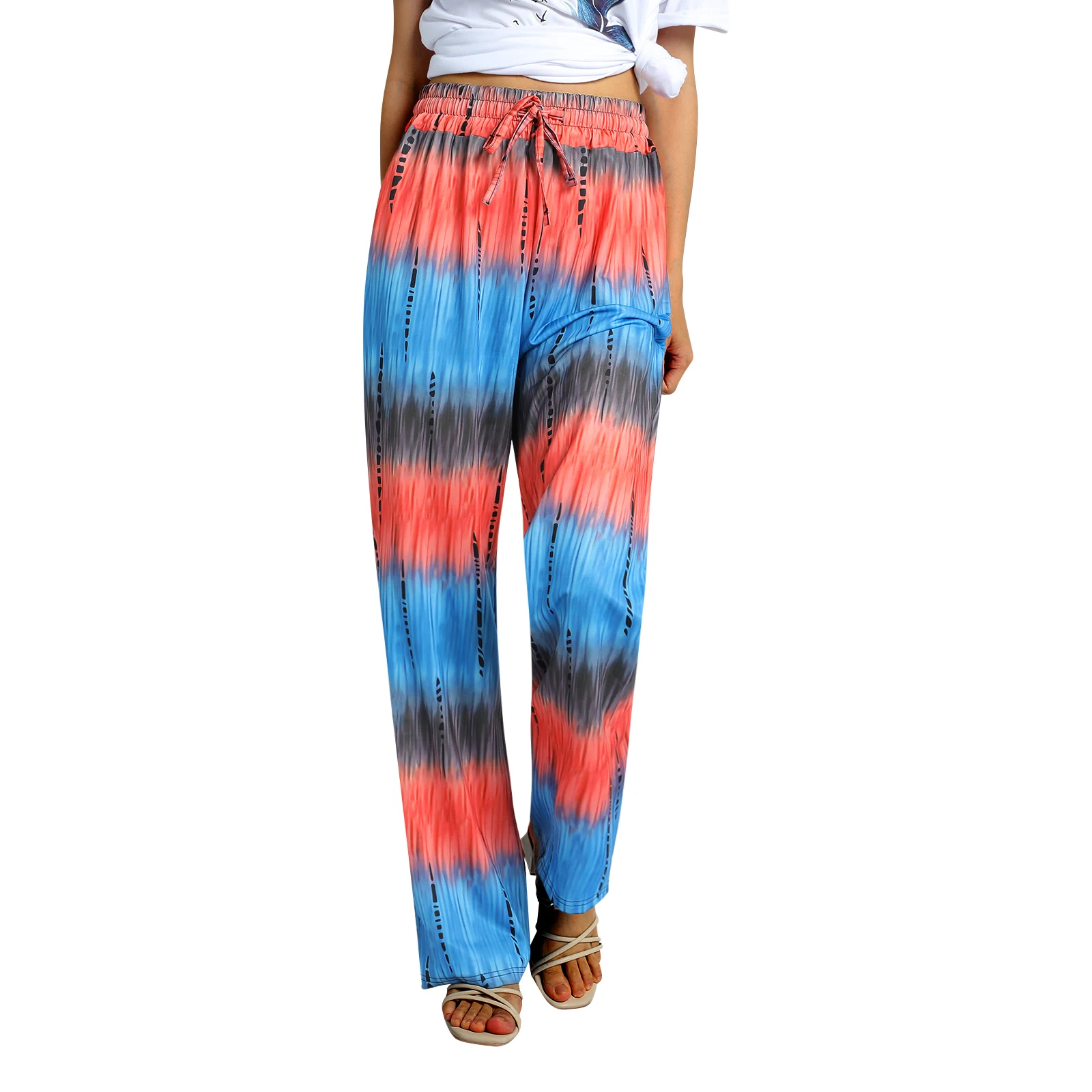 

Women's Comfortable Casual Pajama Pants Flower Drawstring Wide Leg Casual Pants High Waist Wide Leg Pants 2021