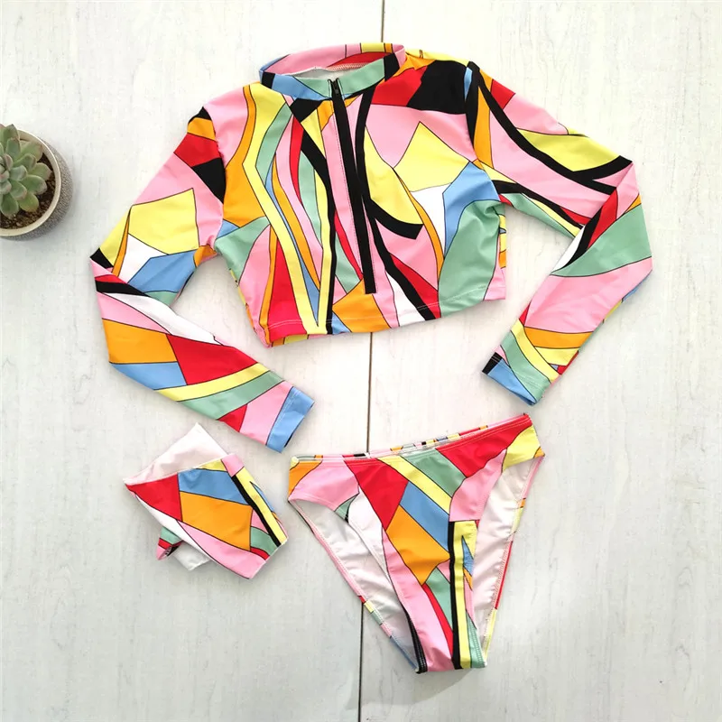 3 шт. женские купальники с длинным рукавом на молнии|Комбинезоны| |