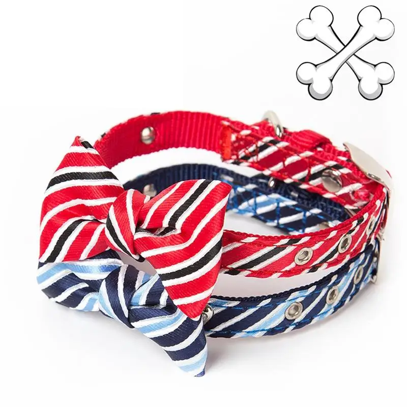 

Polyester Cat Collar Solid Stripe Bowknot Puppy Collars With Bell Adjustable Safety Buckle Cats Bow Tie Pets Accessories