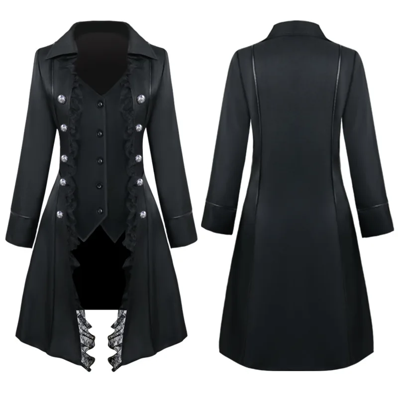 

Anime Medieval Cosplay Female Jacket Three-row Button Coat Gothic Lapel Lace Decorated Retro Medieval Long Sleeve Cosplay Set