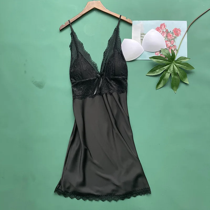 2021 New Nightgown Women's Summer Ice Silk Sling Sexy Nightdress with Bra Embroidered Lace Alluring Home Clothes Nightwear