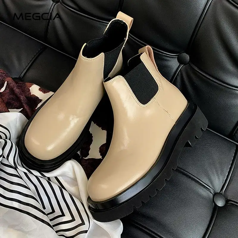 

Женские ботильоны MEGCIA, ботинки челси на толстой подошве без застежек, оригинальная Женская осенне-зимняя обувь, черные брендовые ботинки 2021