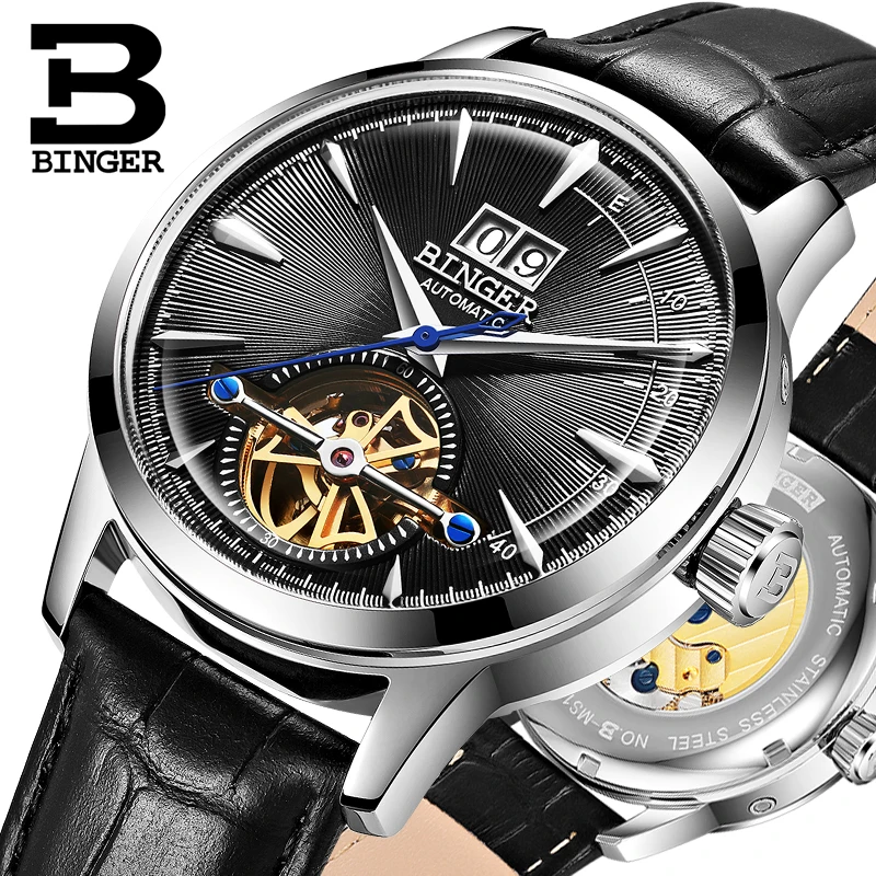 Оригинальные Роскошные мужские часы бренда BINGER с кожаным ремешком