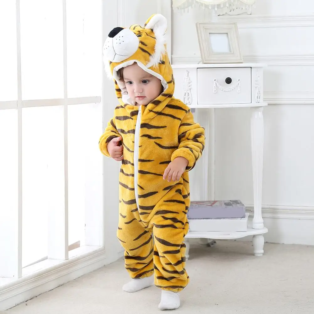 

Cute Tiger Shaped Flannel Rompers Baby Kids Long Sleeve Hoodies Jumpsuit Girls Boys Winter Zipper Cardigan Hooded Bodysuit
