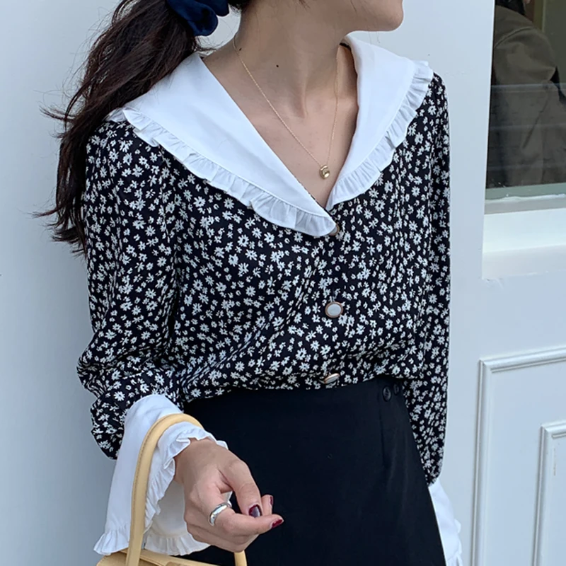 Женская винтажная рубашка с расклешенным рукавом однобортная Элегантная блузка