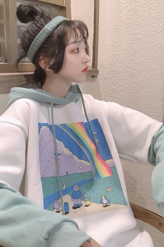 

Autumn Winter Thicken Hooded Women BF Rainbow Cartoon Pattern Print Splicing Fake Two Pieces Pullover Hoodies Girl Tops Student