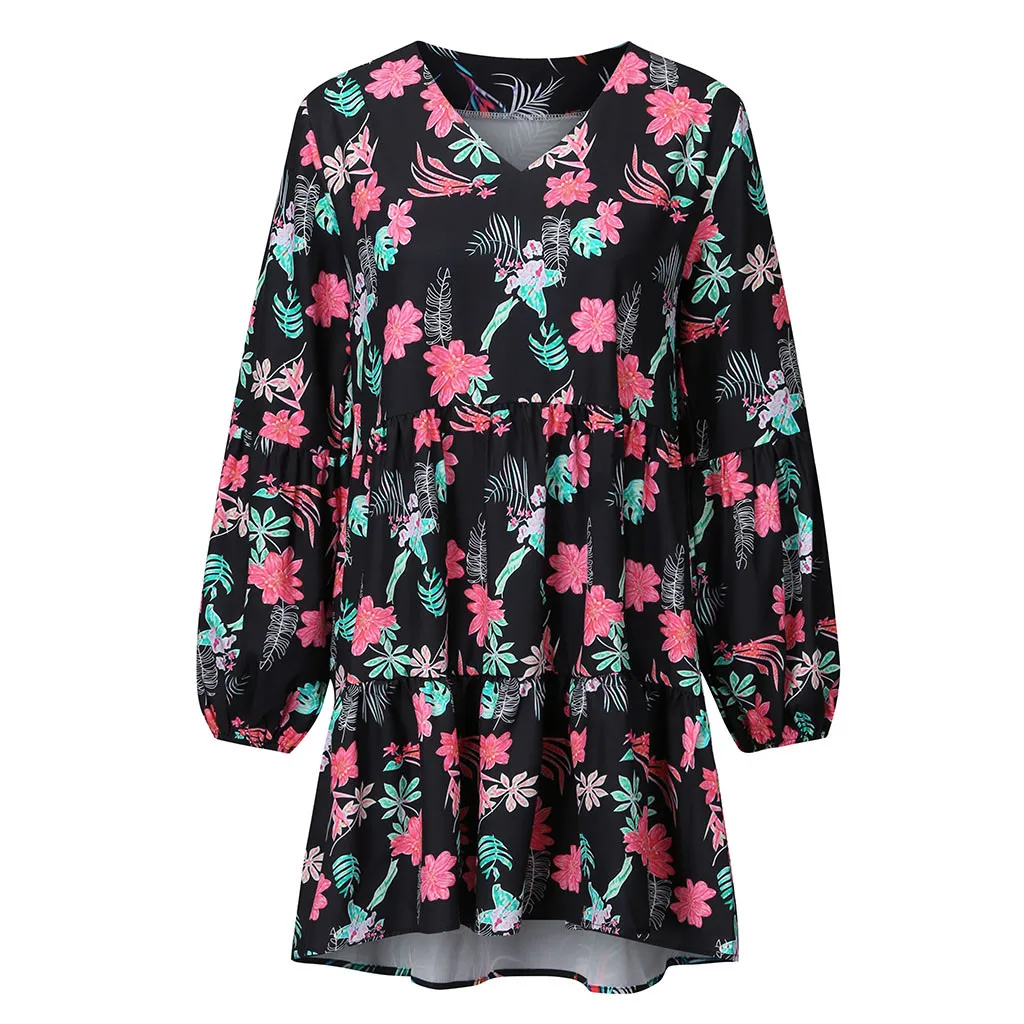 2020 Новое модное женское платье в стиле бохо с принтом мини длинным рукавом и v