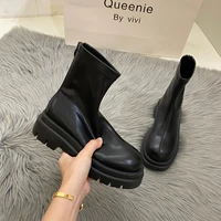 women boots slip on ankle mid calf boots platform women pu leather soft footwear black chunky short boots female autumn new