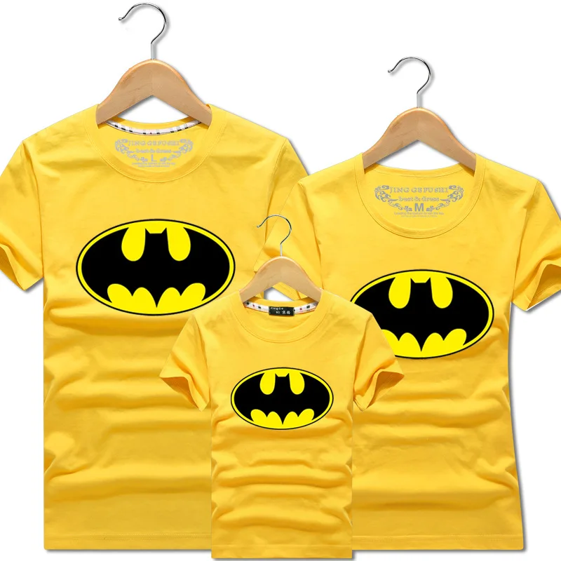 yellow batman shirt Футболки с изображением Бэтмана, хлопковая одежда с короткими рукавами для папы, мамы, родителя и ребенка одинаковые комплекты для семьи подарки для детей, Прямая поставка - Цвет: yellow batman shirt