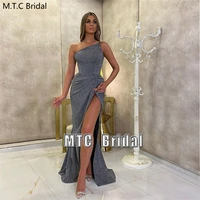 new grey mermaid sexy prom dresses spaghetti strap high slit glitter special occasion dress plus size formal party gowns