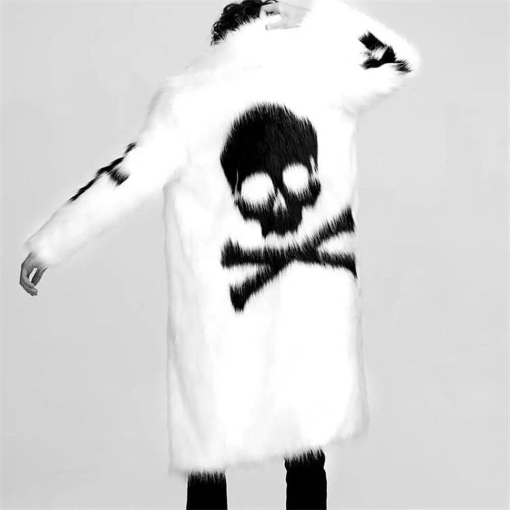 Mens Fur Furry Outwear Skull Pattern Coat Loose Casual Parka Match Colors Black White Coats Thick New 2022