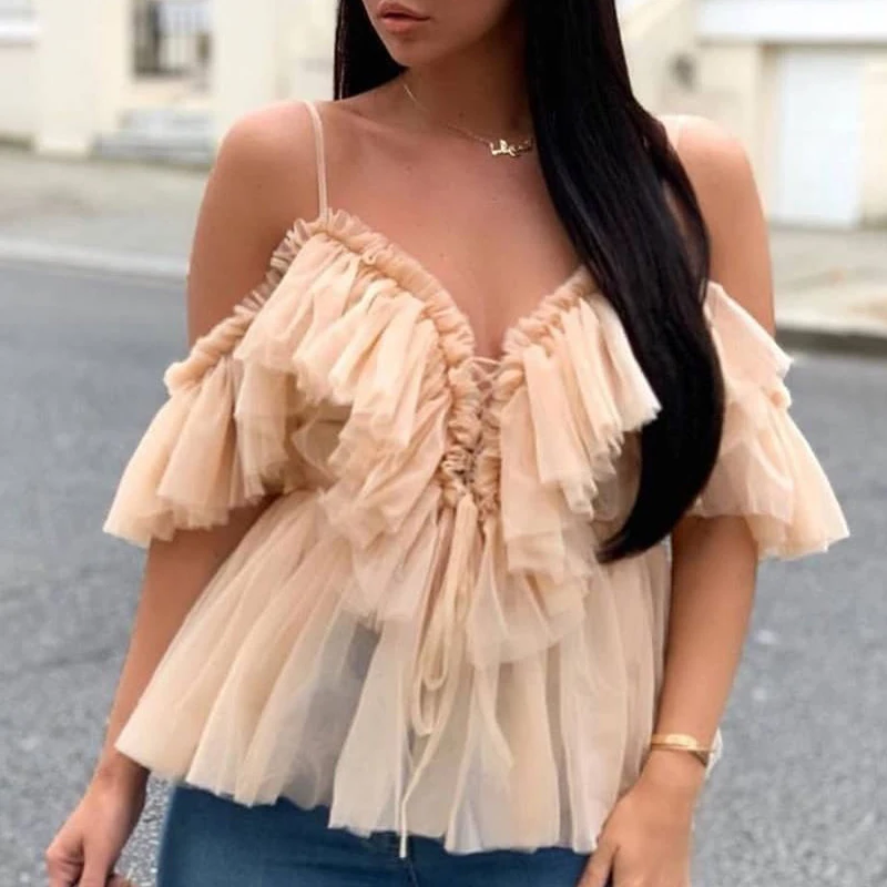 Женская сетчатая Блузка с оборками прозрачная блузка в уличном стиле на бретелях