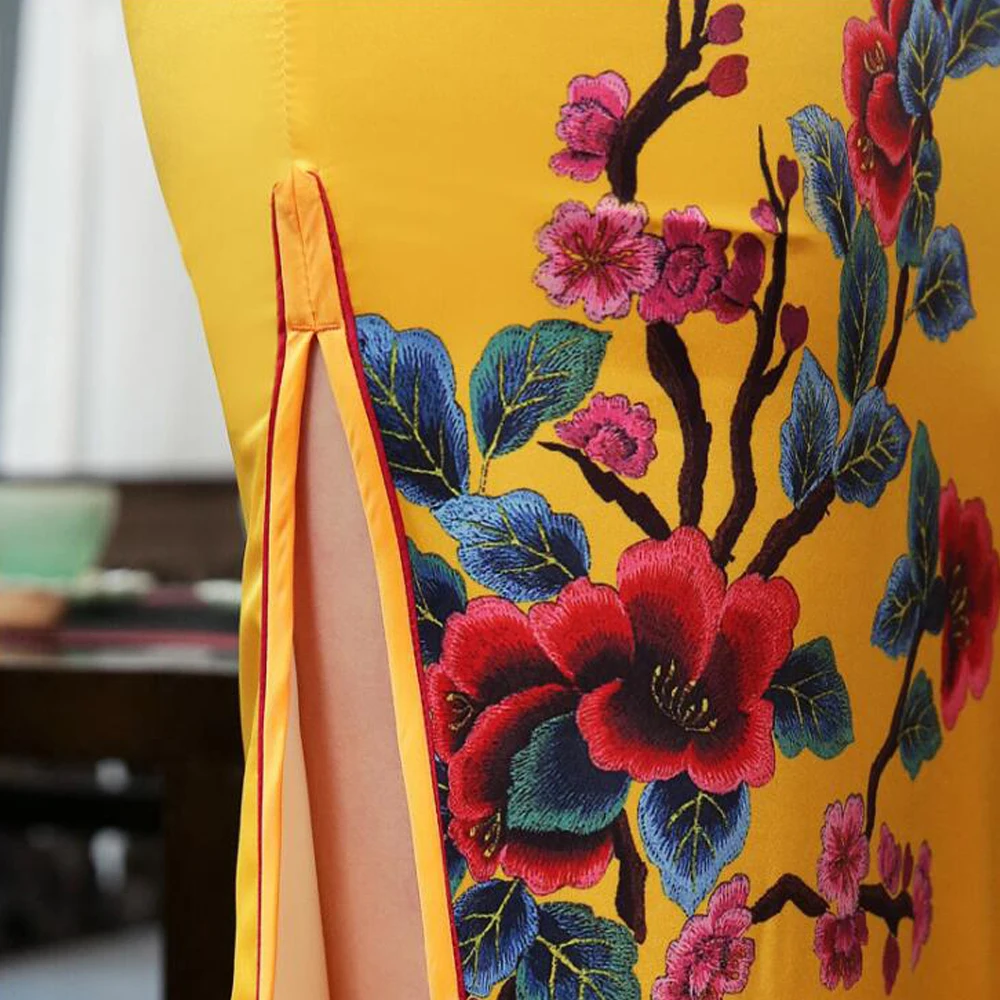 Новый китайский стиль cheongsam улучшенные Повседневные Вечерние ярко желтая