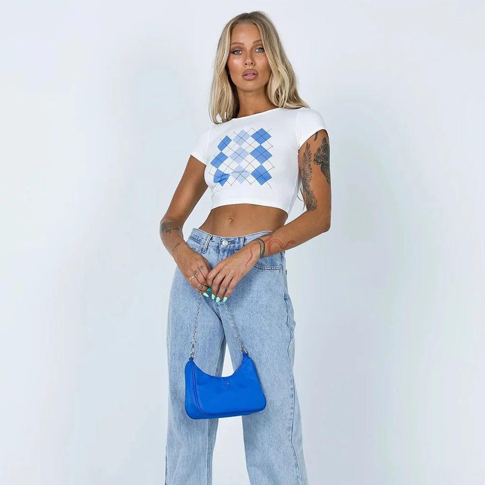 

LALUMAI women's Short Sleeve top Diamond print contrast round neck navel Top Casual clothes