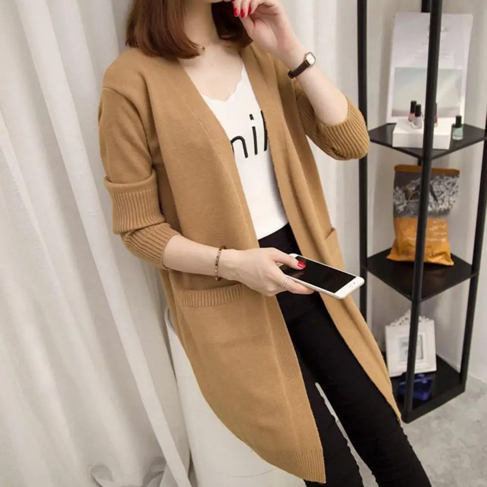 Женский кардиган с длинными рукавами и карманами осенне-зимний плотный вязаный