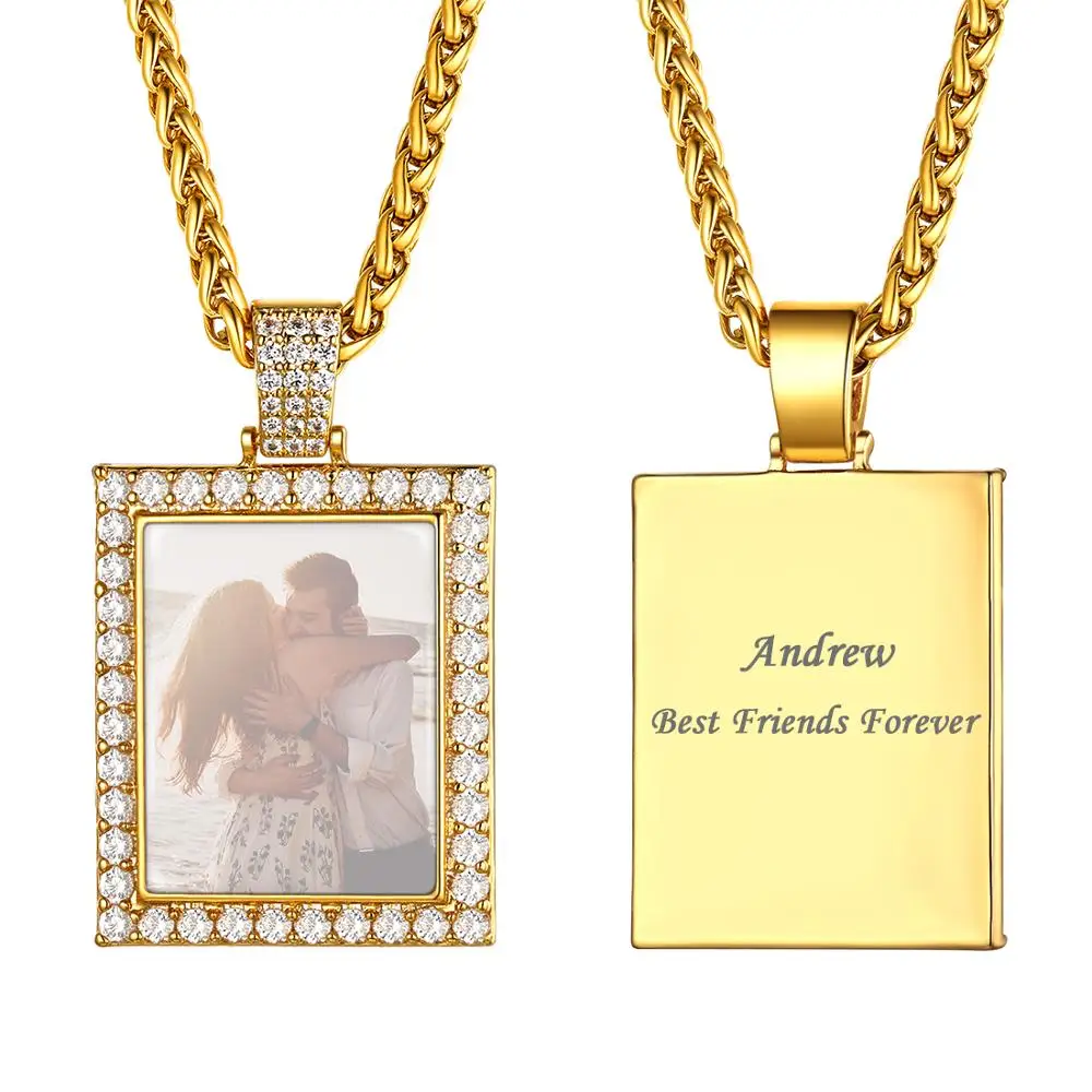 

U7 Custom Photo Rhinestone CZ Pendant Necklace Men Women Personalized Jewelry Picture Chain 18-30 Inch, Mothers Lover Gift P1035