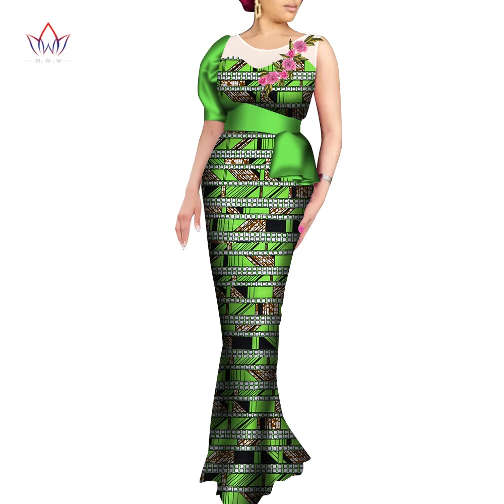 African Print Long Mermaid Dress for Women Rich Patchwork Belt Slash Neck Dresses African Women Clothing Party Dress WY7468