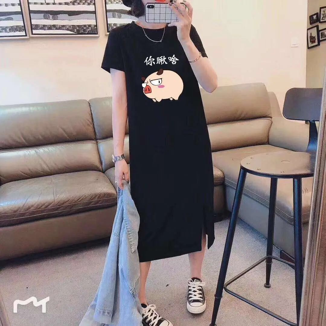 

Plus Size Short Sleeve T-shirt Women Summer New Over-The-Knee Dress Female Loose And Thin Tshirts Cotton Women O Neck T-shirts
