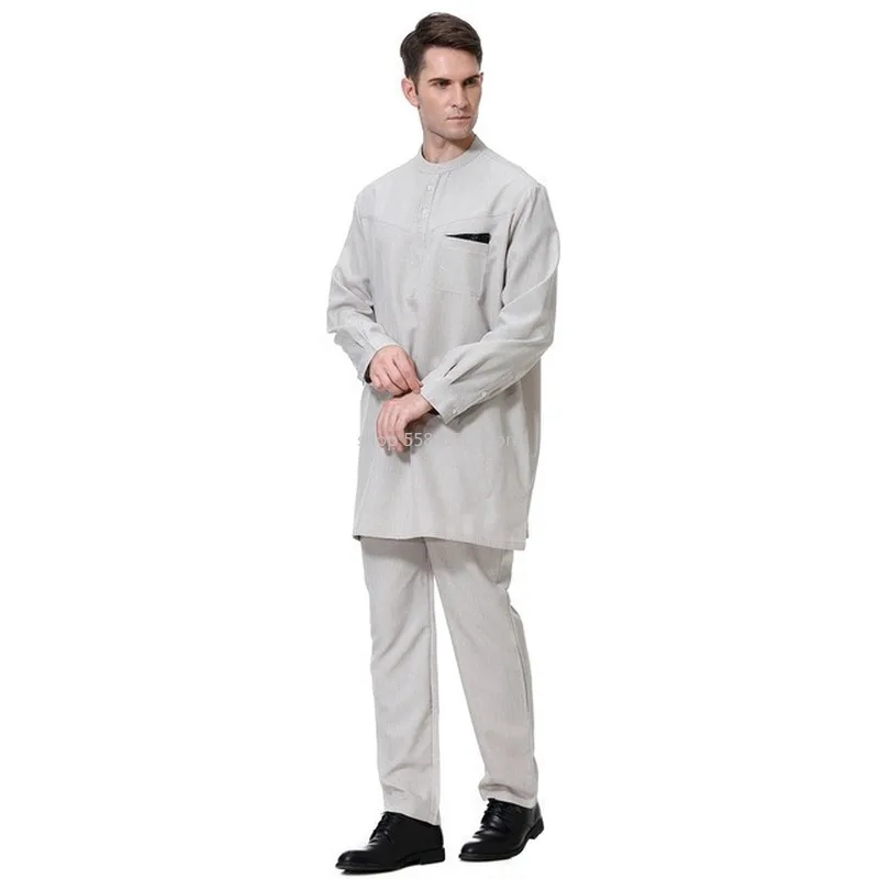 Thobe For Men Arab Dubai Cotton Mens Formal Muslim Set Two Piece Top Bottom Pants Clothing Islamic Kaftan Prayer Suits