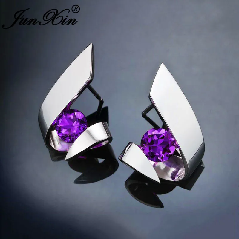 Purple Earrings Irregular Purple Blue White Yellow Crystal Geometric Stud Earrings For Women 925 Silver Color Round Zircon Stone Earring Jewelry - Metal Color: Purple Earrings