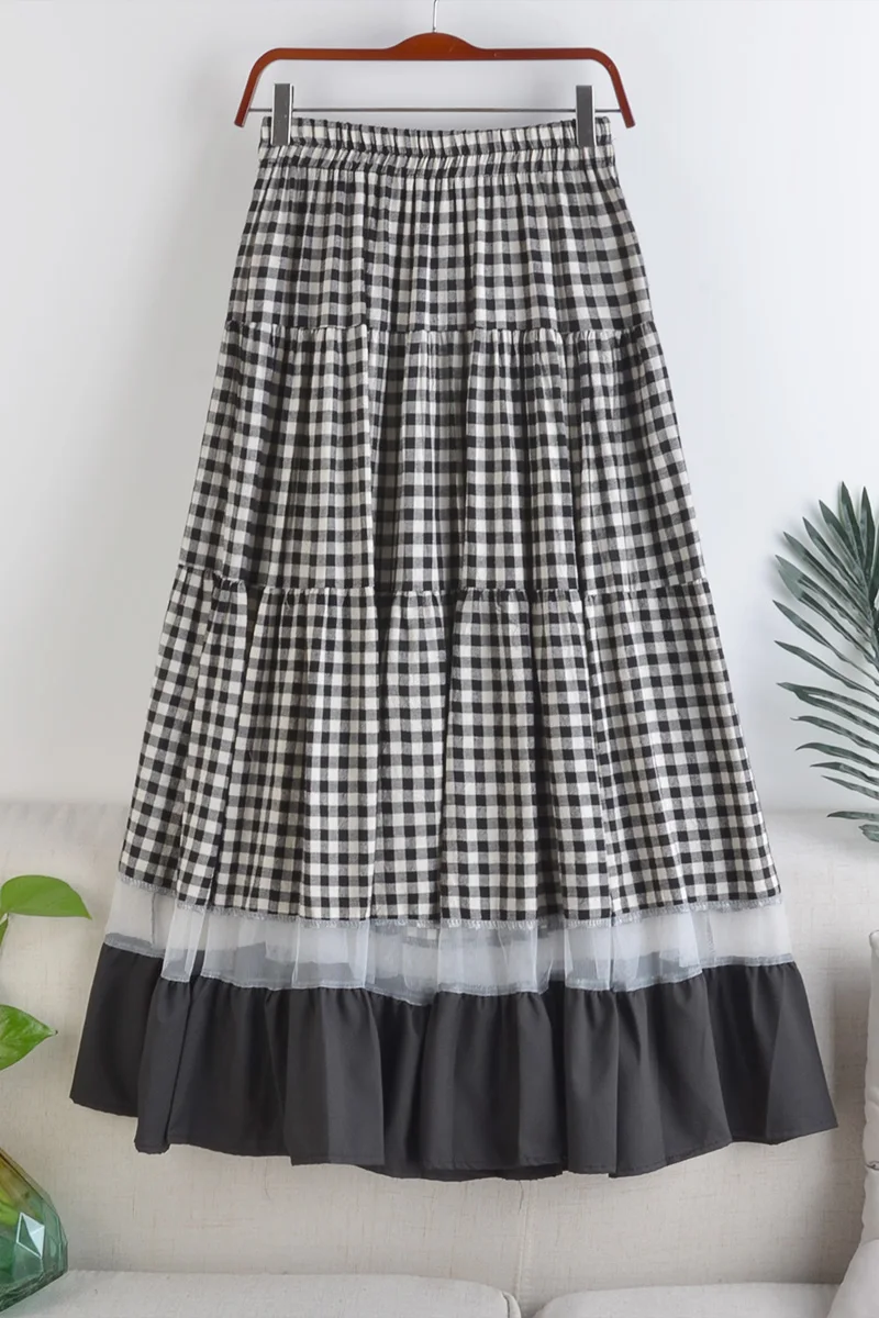 

2020 New High Waist Slim Elastic Waist Big Swing Plaid Stitching Mesh Mid-Length Skirt Autumn Winter Women