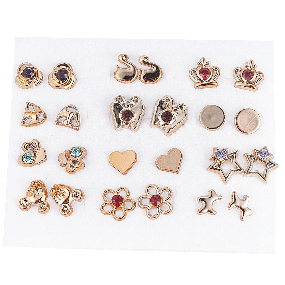 

12-36 Pair/Set Random Design Fashion Women Lady Round Star Plastic Rhinestone Crystal Flower Ear Stud Earring Jewelry