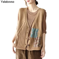 loose knitted vest sweater autumn 2021 fashion new womens khaki brown sleeveless v neck clothing female flowers waistcoat female
