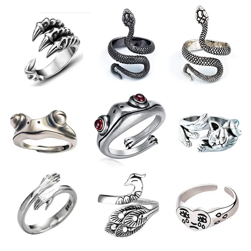 

9 Pcs Stereoscopic Punk Exaggerated Snake Ring Unique Frog Animal Rings Vintage Opening Peacock Phoenix Adjustable Ring Jewelry